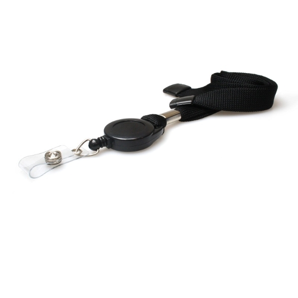 Poza cu Fundă de siguranță detașabilă neagră, tubulară plată, de 16 mm, cu mosor retractabil pentru card atașat și curea. 60270631