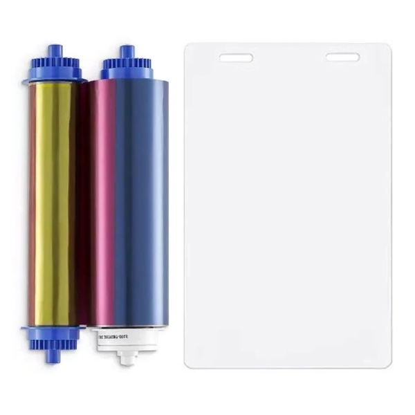 Poza cu Zebra ZC10L color ribbon/dye film (YMC0) and cards with 2 slots / oval holes. Zebra 106000-10L2 - 400 prints and 400 cards. ZEB-106000-10L2 (DE,SE,NO,FI,RO,PL)